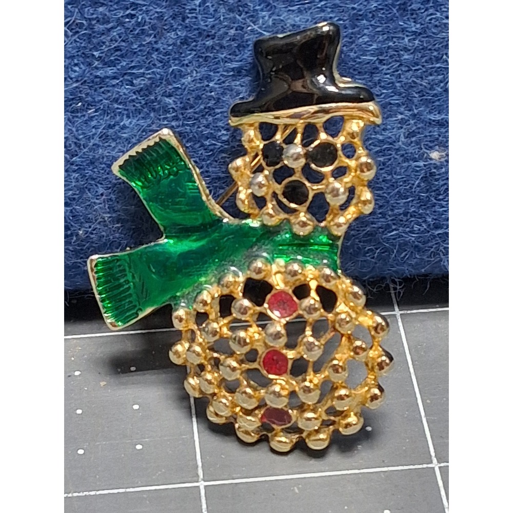 Unbranded Snowman Brooch Gold Green‎ Red Rhinestone Holiday Christmas Pin